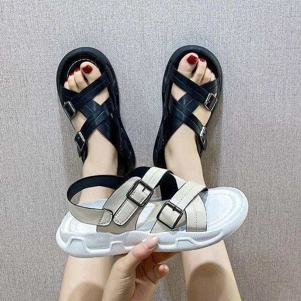 

sandals summer women flats double buckle beach casual ankle strap ladies open toe soft womens 2021 platform female shoes, Black
