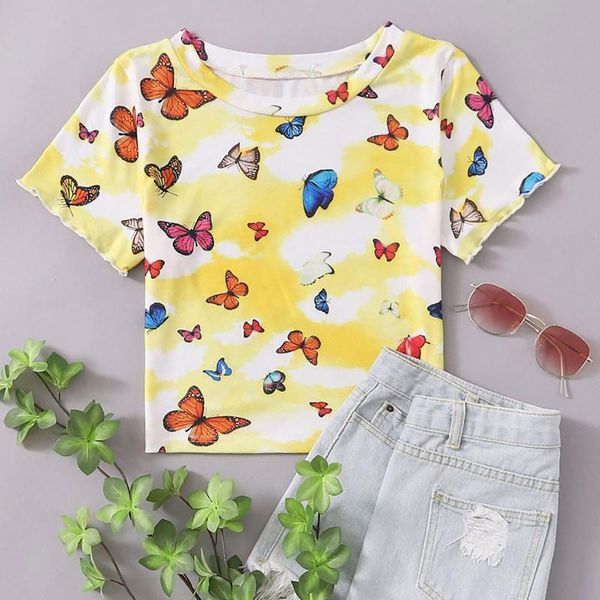 

women's t-shirt aesthetic woman tshirts women short sleeve o-neck tie-dye butterfly print ladies mujer camisetas femme t-shirts, White