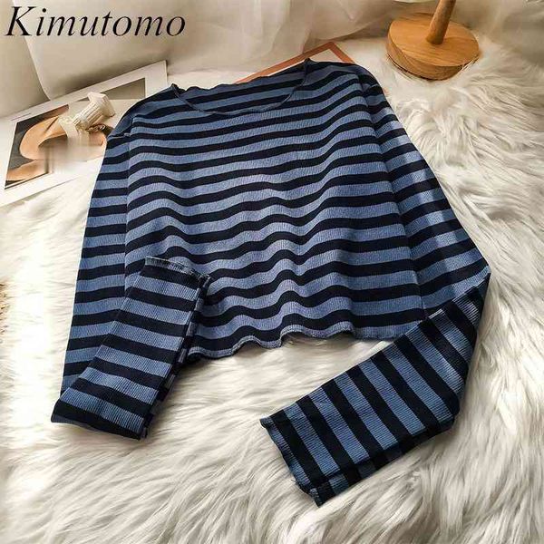 

kimutomo spring autumn striped short t-shirt women long sleeve o-neck chic female korean style outwear loose 210521, White