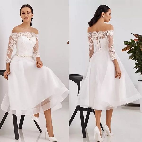 

plus size short wedding dress 2021 summer beach off the shoulder 3/4 long sleeves bridal gowns boho garden tea length lace appliqued vestido, White