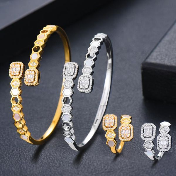 

earrings & necklace trendy luxury splicing sparkling bangle ring jewelry set for women girl gift accessories cubic zirconia, Silver