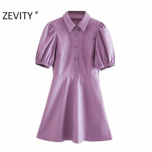 

zevity women vintage solid color pleats puff sleeve a line shirtdress ladies pu leather vestidos chic brand slim dresses ds4515 210319, Black;gray