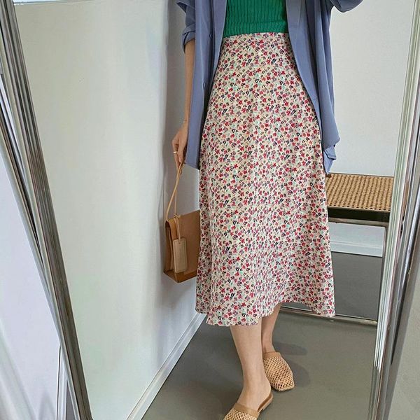 

skirts vintage floral print women long skirt high waist a-line slim faldas mujer summer korean chic gentle chiffon womens 2021, Black
