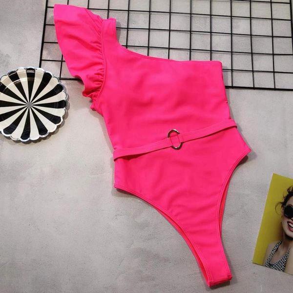 

shoulder ruffle one piece swimsuit women swimwear female halter bathing suits beach wear backless monokini swim one-piece