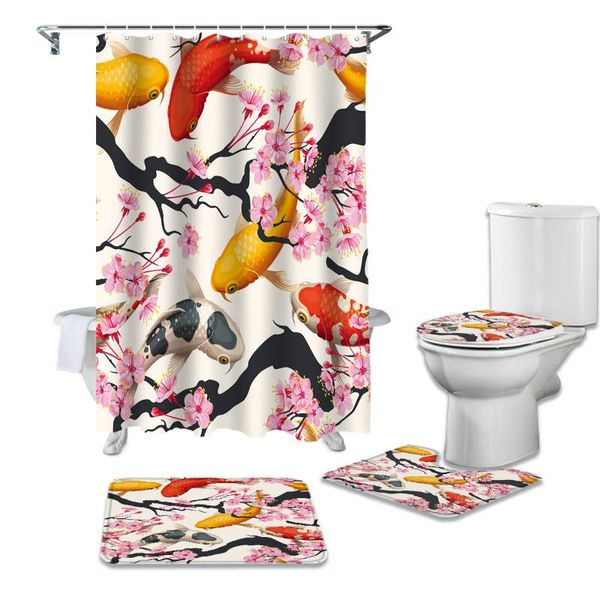 

shower curtains japanese squid plum flower decoration curtain sets non-slip rugs toilet lid cover bath mat waterproof bathroom