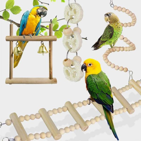 

other bird supplies 8pcs pet parrot wooden ladder suspension rattan bell swing hanging chew toy 2021
