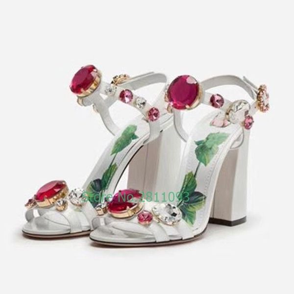 

square heel diamond ankle buckle summer sandals 2021 est crystal ladies dress shoes 6 cm  open toe flower painting, Black
