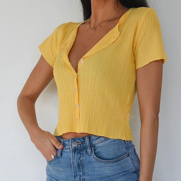 

ribbed short sleeve button up shirts for women 2021 o-neck slim cotton summer fashion casual cropped knitted tshirt xxl women's t-s, White