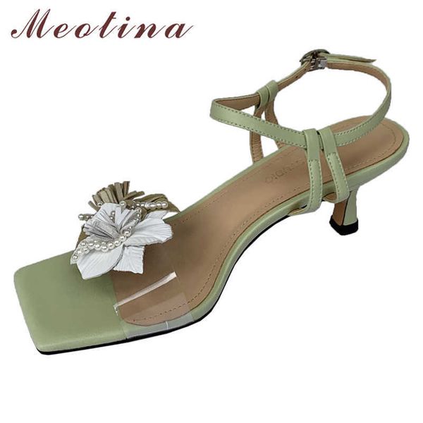 

meotina women shoes flower high heel sandals buckle thin heel shoes square toe ladies footwear summer green pink 40 210608, Black