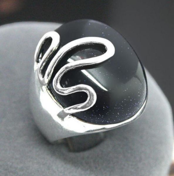 

cluster rings fashion jewelry wholesale good 17*21mm rare natural blue sand stone 925 silver rich lucky ring size 7/8/9/10, Golden;silver
