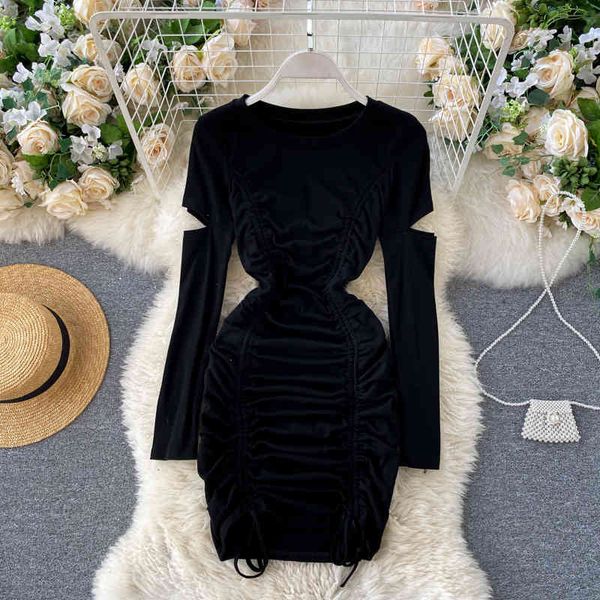 

casual dresses drawstring ruched mini women round neck hollow out long sleeve tie tassels party bodycon autumn clothing ln3e, Black;gray