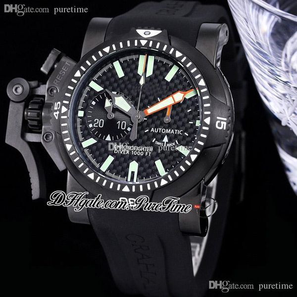 2022 ChronoFighter 44 Miyota Quartzo Cronógrafo Mens Relógio de Aço PVD All Black Carbon Fibre Dial Stick Strap Borracha Backhand Cronômetro Relógios Puretime F01C3