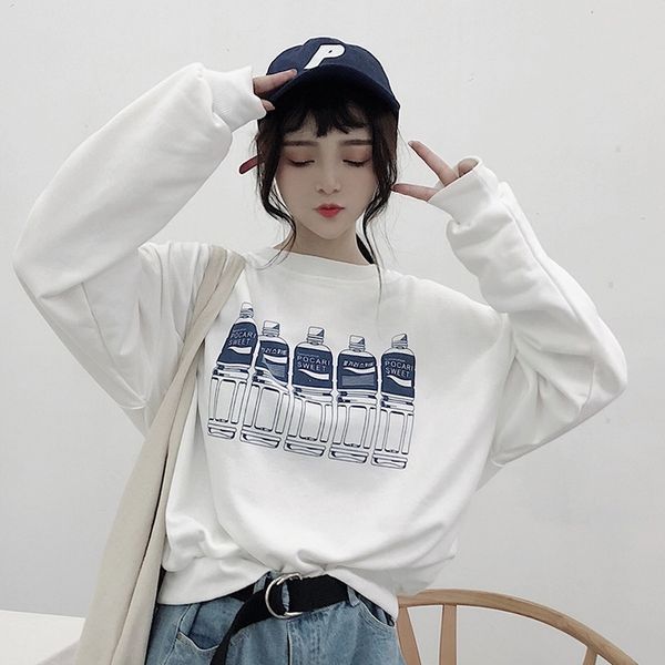 

2021 autumn new student long sleeve sweater women's bf style loose and thin versatile round neck top, Black