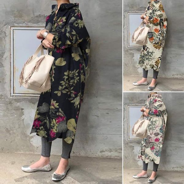 

women autumn sundress kaftan floral shirt dress zanzea 2021 long sleeve asymmetrical vestidos female button lapel printed robe casual dresse, Black;gray
