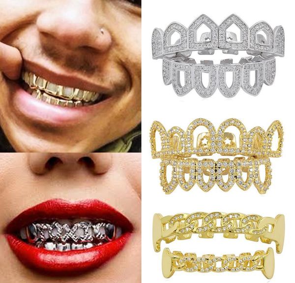 

18k gold hip hop full diamond hollow teeth grillz dental iced out fang grills braces tooth cap vampire cosp wmtuyz bdegarden, Black