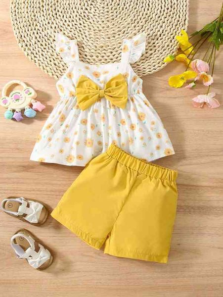 

baby floral print bow front ruffle trim & shorts she, Blue