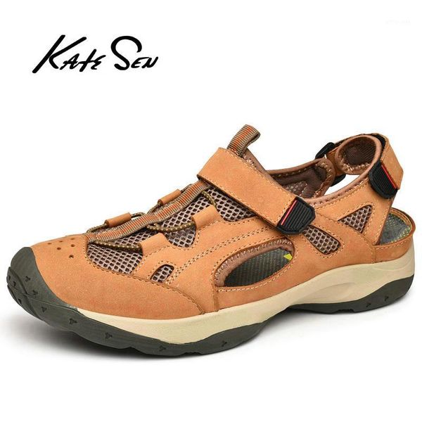 

sandals katesen men 2021 summer casual leather flat shoes big size 38-48 soft comfortable round toe slip on leisure1, Black