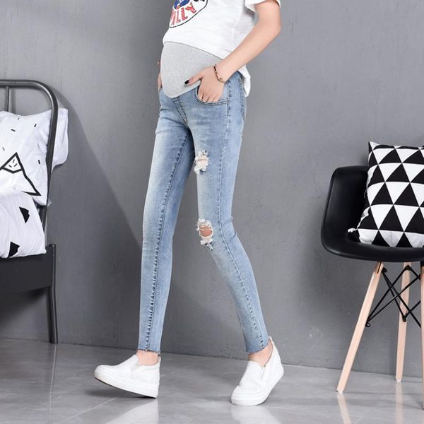 

elastic maternity pants spring and autumn models hole small feet jeans nine points stomach lift stretch pregnancy bottoms, White