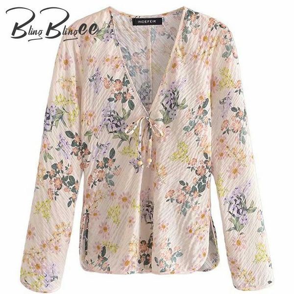 

women's blouses & shirts blingblingee 2021 summer floral print texture fabric women long sleeve split cuff and side tie front v neck fe, White