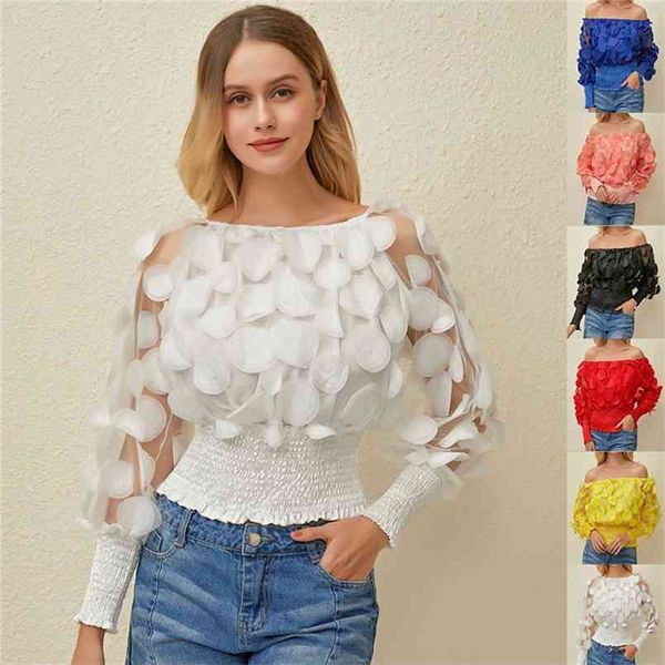 

off shoulder womens and blouses mesh sheer puff sleeve summer 3d flower vintage white women shirt blouse 210730