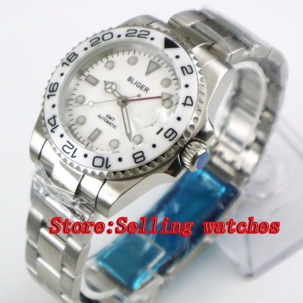 

40mm bliger white ironing board ceramic bezel gmt light-emitting hands sapphire glass automatic movement men mechanical watches, Slivery;brown
