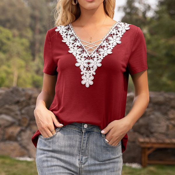 

2021 spring and summer deep v-neck hollow lace splicing t-shirt women's top, White