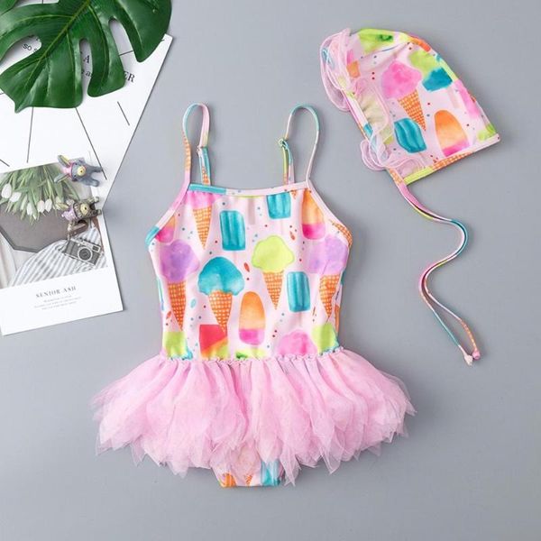 

one-pieces baby swimwear cute ice cream print one piece swimsuit hat set children with cap kids swimming bikinis, Black
