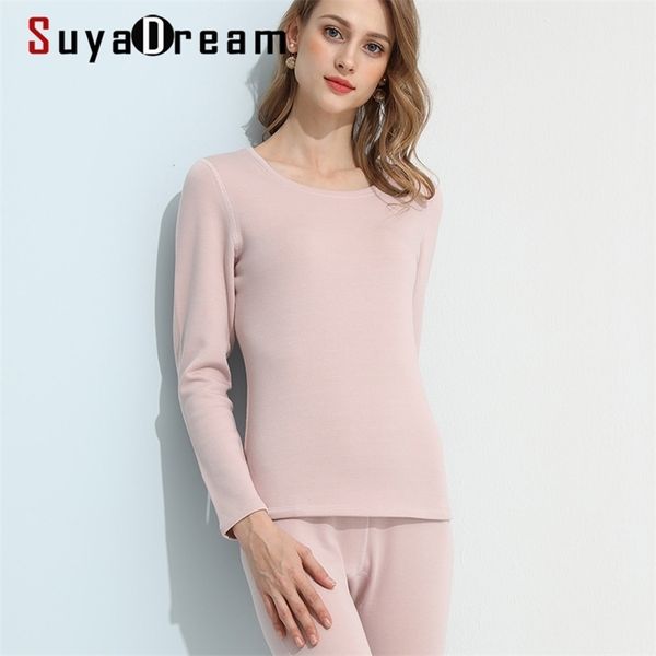 Suyadream Mulheres Fleece Quente Long Johns 100% Natural Silk Brushed Winter Winter Thermal Rosa Nude Underwear 211217