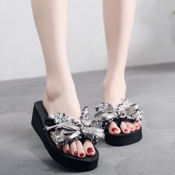 

sandals women ladies bowknot home wedges beach shoes flip flops slippers zapatos de mujer, Black