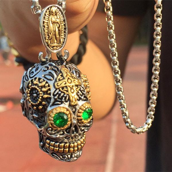 

chains titanium steel hip hop punk cross ghost head pendant necklace personality trend male jewelry carved green eye skull, Silver