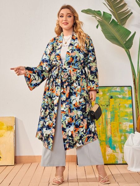 

plus allover floral print belted kimono t4mh#, Black
