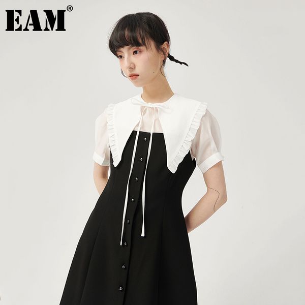 [Eam] Suspender Vestido Duas Peças Terno Bandage Peter Pan Collar Manga Curta Preto Solta Mulheres Moda Primavera Verão 1d8383 21512