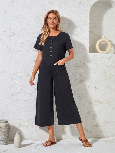 

emery rose half button dual pocket wide leg jumpsuit 64fg#, White