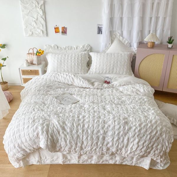 

bedding sets korean style cotton solid color seersucker set home linens duvet cover pillowcase flat fitted bed linen sheet