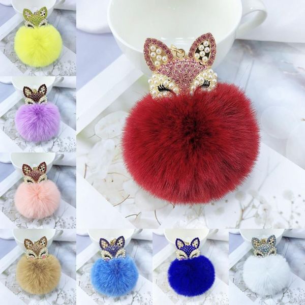 

rabbit fur ball pompom keychain adorable animal head pearl rhinestone keyfobs for women car keyring pendant decoration, Slivery;golden