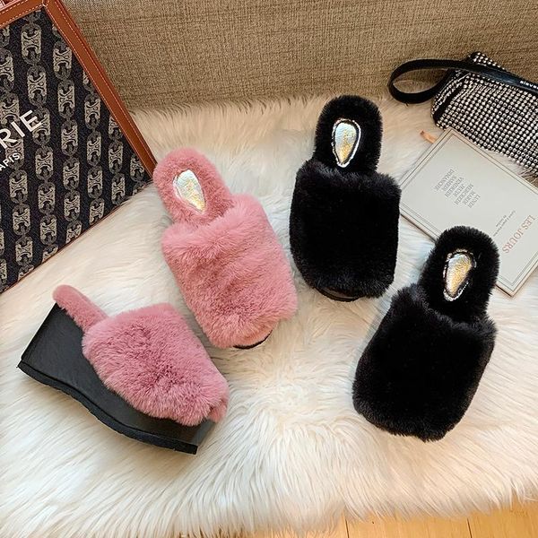 

winter wedge women fur slippers fluffy real slides soft platform shoes home woman furry flip flops, Black