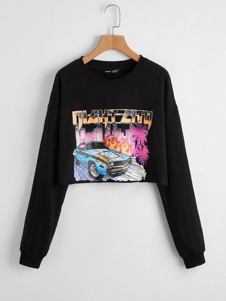 

letter and car print drop shoulder crop pullover t3pt#, White;black