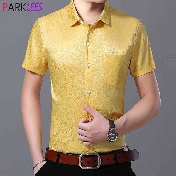 

shiny silk satin dress shirts men fashion floral jacquard shirt men slim fit short sleeve chemise casual button down camisa 210522, White;black