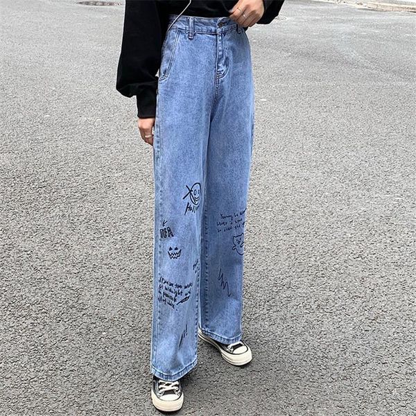 

limiguyue women jeans spring y2k harajuku streetwear high waist letter print denim trousers baggy vintage straight pants k461 women's, Blue