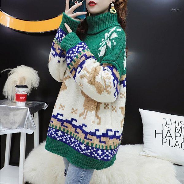 

autumn and winter ladies korean version of the high neck loose hedging christmas snowflake elk lazy style thick sweater women's sweater, White;black