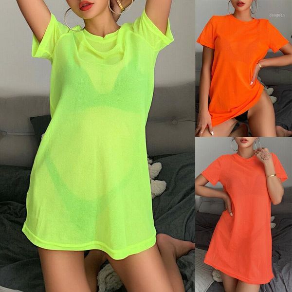 

women's t-shirt 2021 summer women dense bikini cover up neon loose beach dress bathing suit swimwear cover-ups short sleeve, White