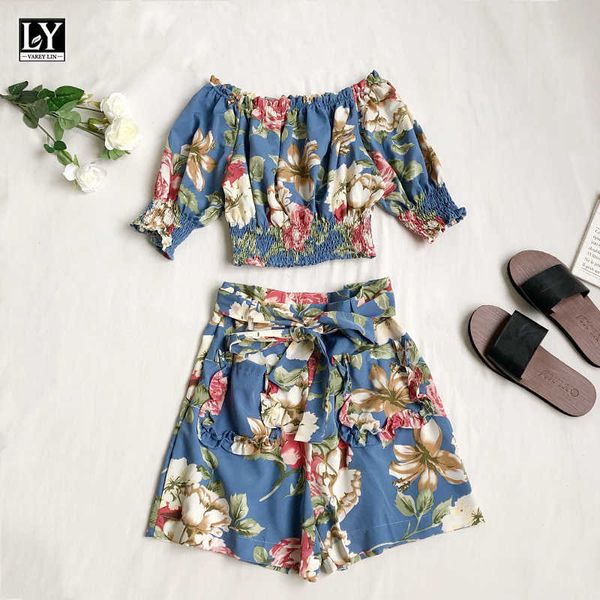 Ly Varey Lin verão mulheres boêmio praia estilo dois pedaço conjunto flores manga curta tops + cintura alta larga perna shorts 210526