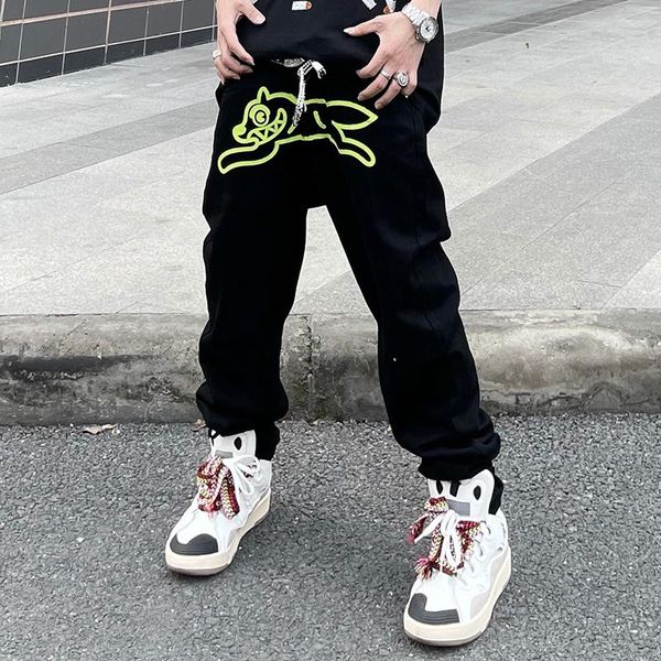 

men's jeans high street green flying dog print overalls embroidered vibe straight loose casual pants mens oversize denim trousers, Blue