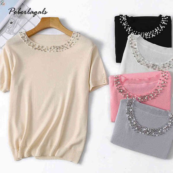 

women's t-shirt knitted slim t-shirt women o-neck knitted solid color beaded shirt female all-match basic short sleeve clothi, White