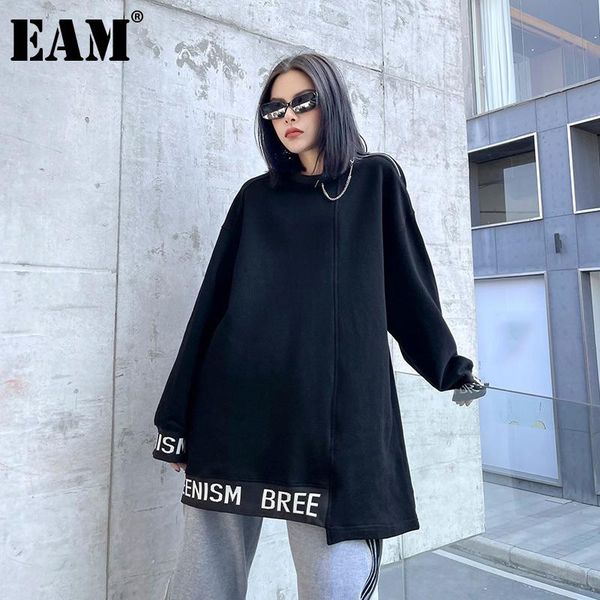 

[eam] loose fit letter print irregular sweatshirt round neck long sleeve women big size fashion spring autumn 2021 1dd4660 women's hood, Black