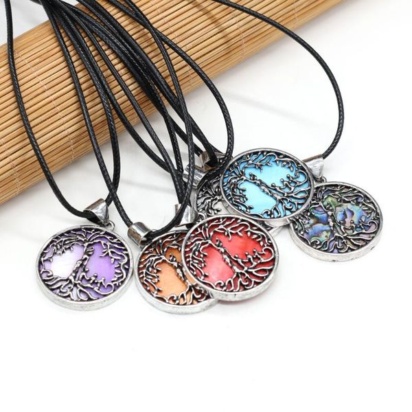 

pendant necklaces natural shell necklace round multiple color dyed abalone charms long wax thread for women jewelry, Silver