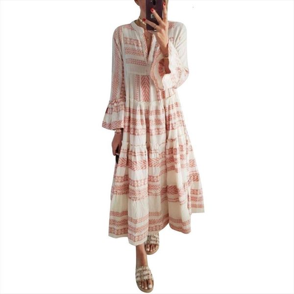 

bohemian long summer loose womens dress printed beach flare sleeve v neck maxi femme sundress, Black;gray