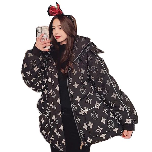 

new floral print loose korean down jacket versatile fashion bread suit, Black