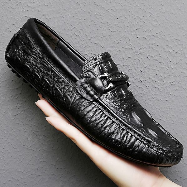 

crocodile pattern men casual shoes mens dress shoes loafer shoes men genuine leather slip-on moccasins manluxury leisure, Black