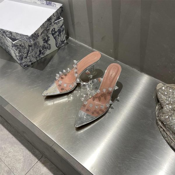 

glitter slides shoes rivet thin heels heeled mules slippers casual pointed toe slipers women jelly high luxury 2021 cover scanda, Black